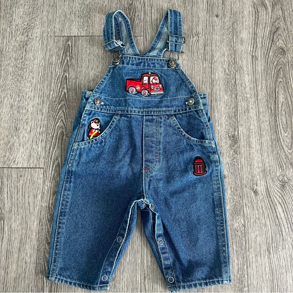 Vintage Denim Overalls with Red Truck Patch Baby 3-6M